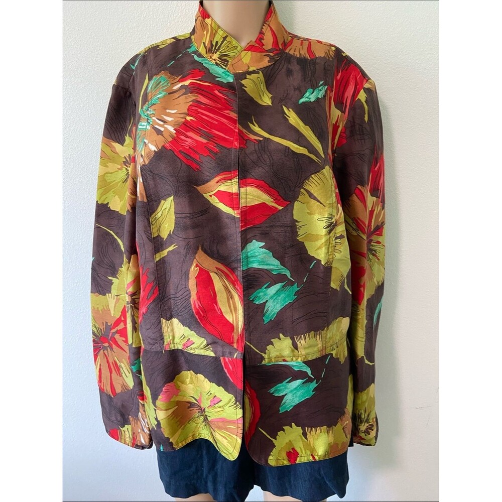 Coldwater Creek Silk Floral Jacket - Brown, Red, Yellow & Teal Sz XL